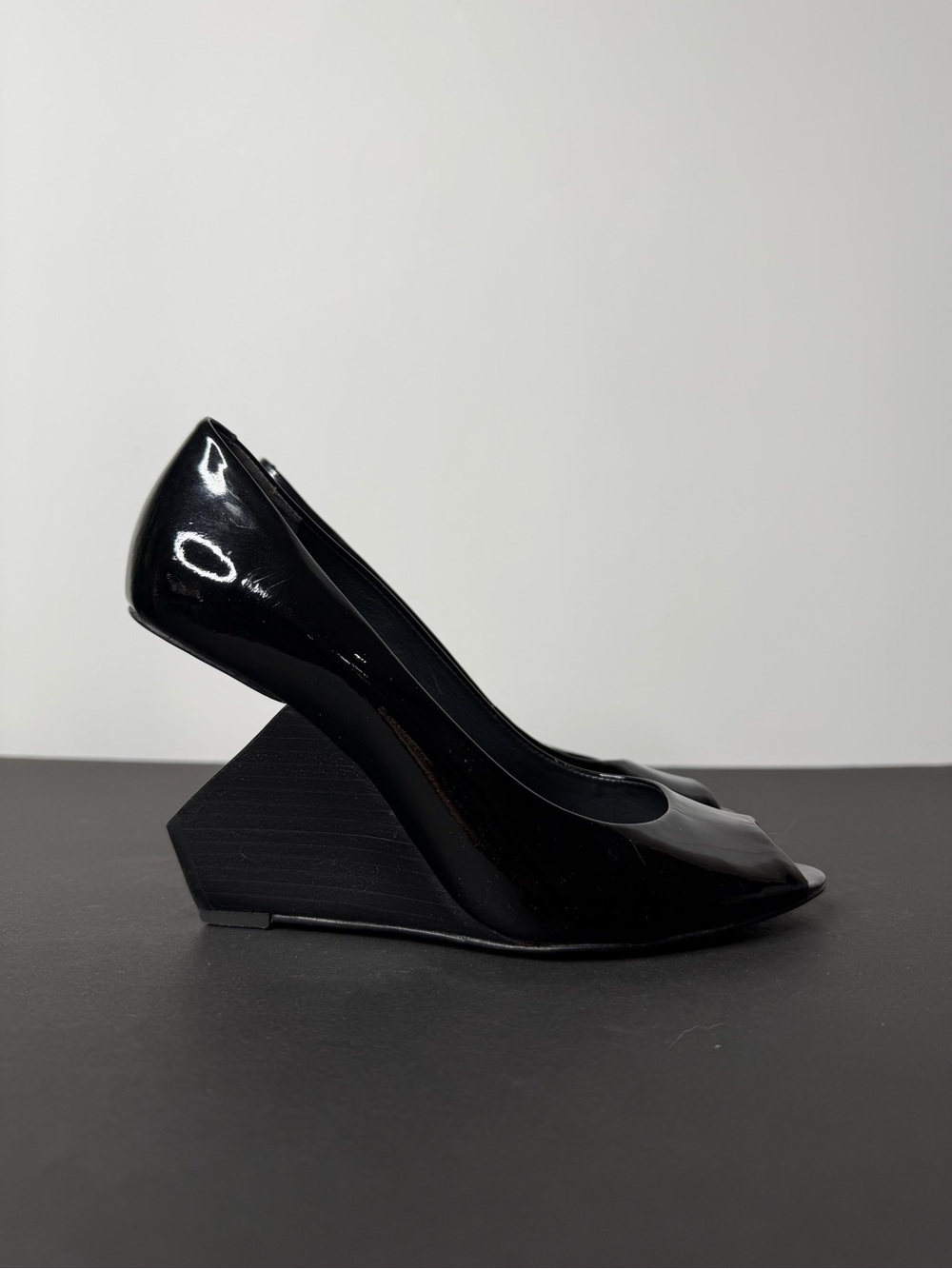 Pour La Victoire Black Patent Wedge Peep-Toe Pump